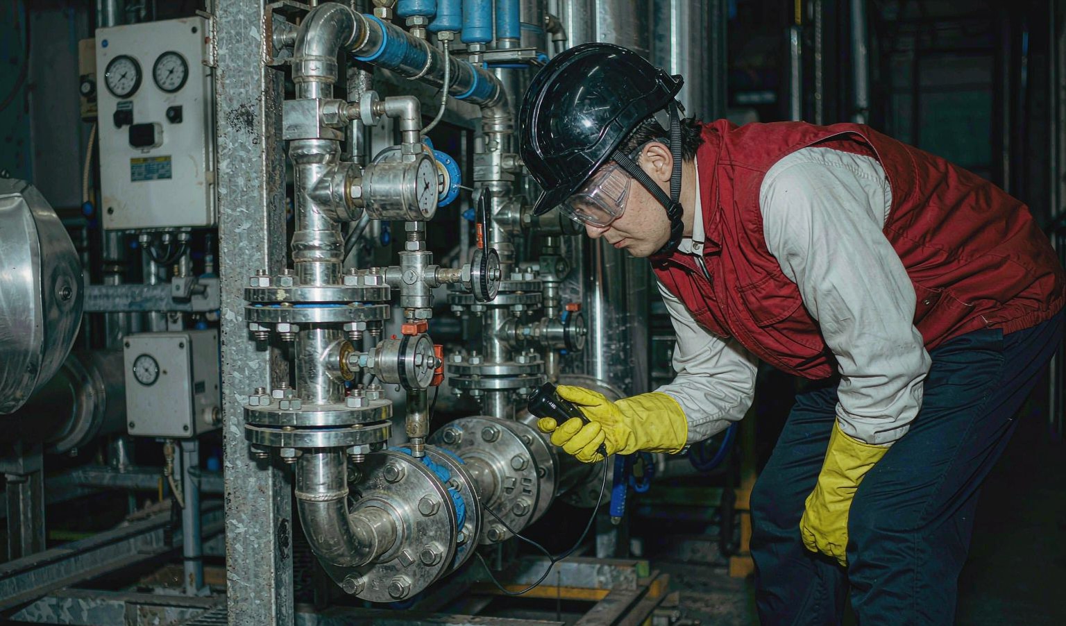 工程师检漏仪检查不锈钢管道接头
